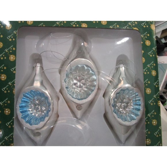 Dillards Trimmings Mercury Style Ornaments Silver Teardrop Blue Reflector NIB - Picture 2 of 16